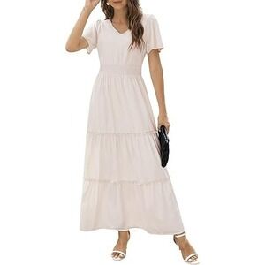 Zattcas‎ Tiered Lace Maxi Dress Sz S Cream V Neck Boho Summer Cottagecore Modest